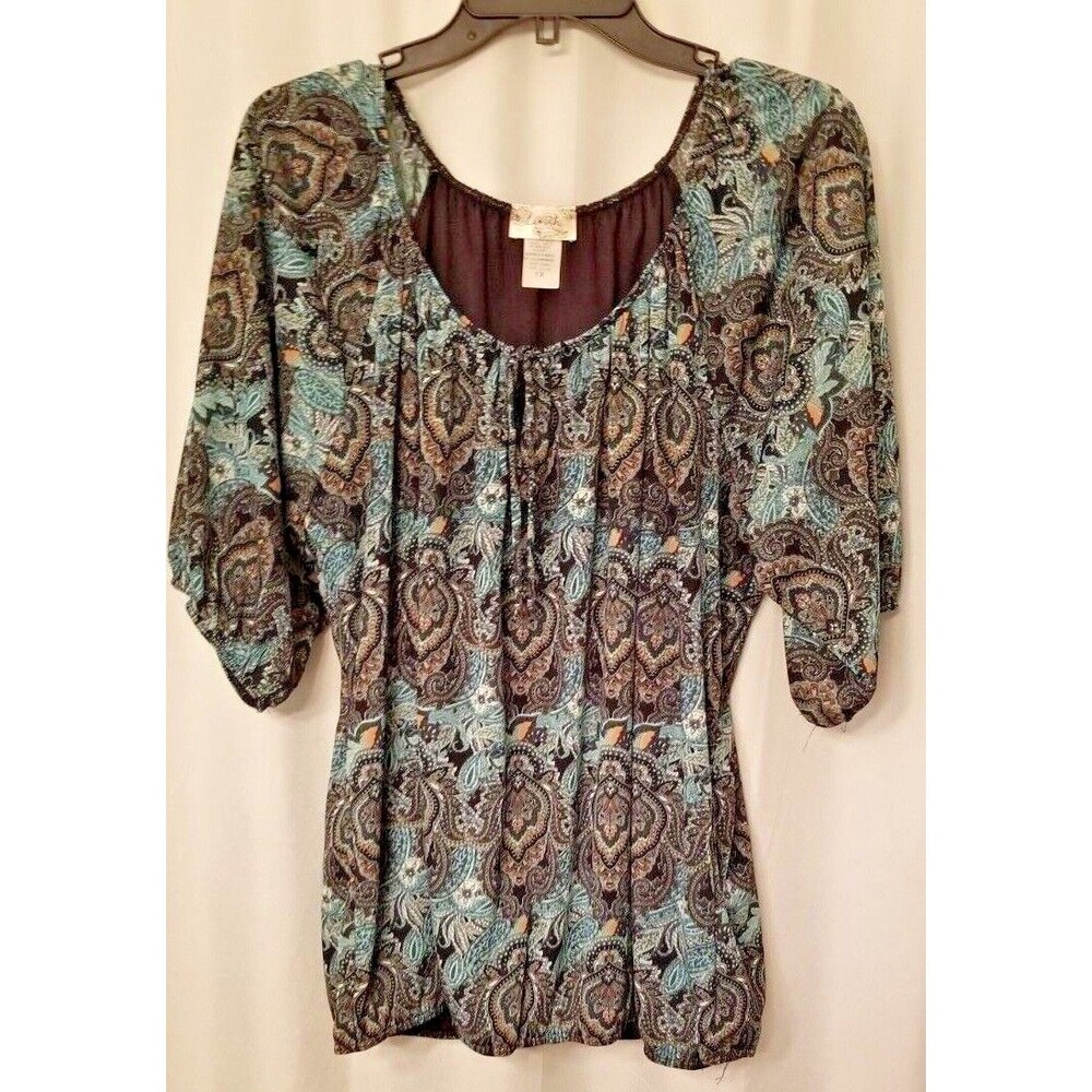 Women's Top Blouse Paisley Balloon Sleeve Bohemian Scoop Neck Size 1X